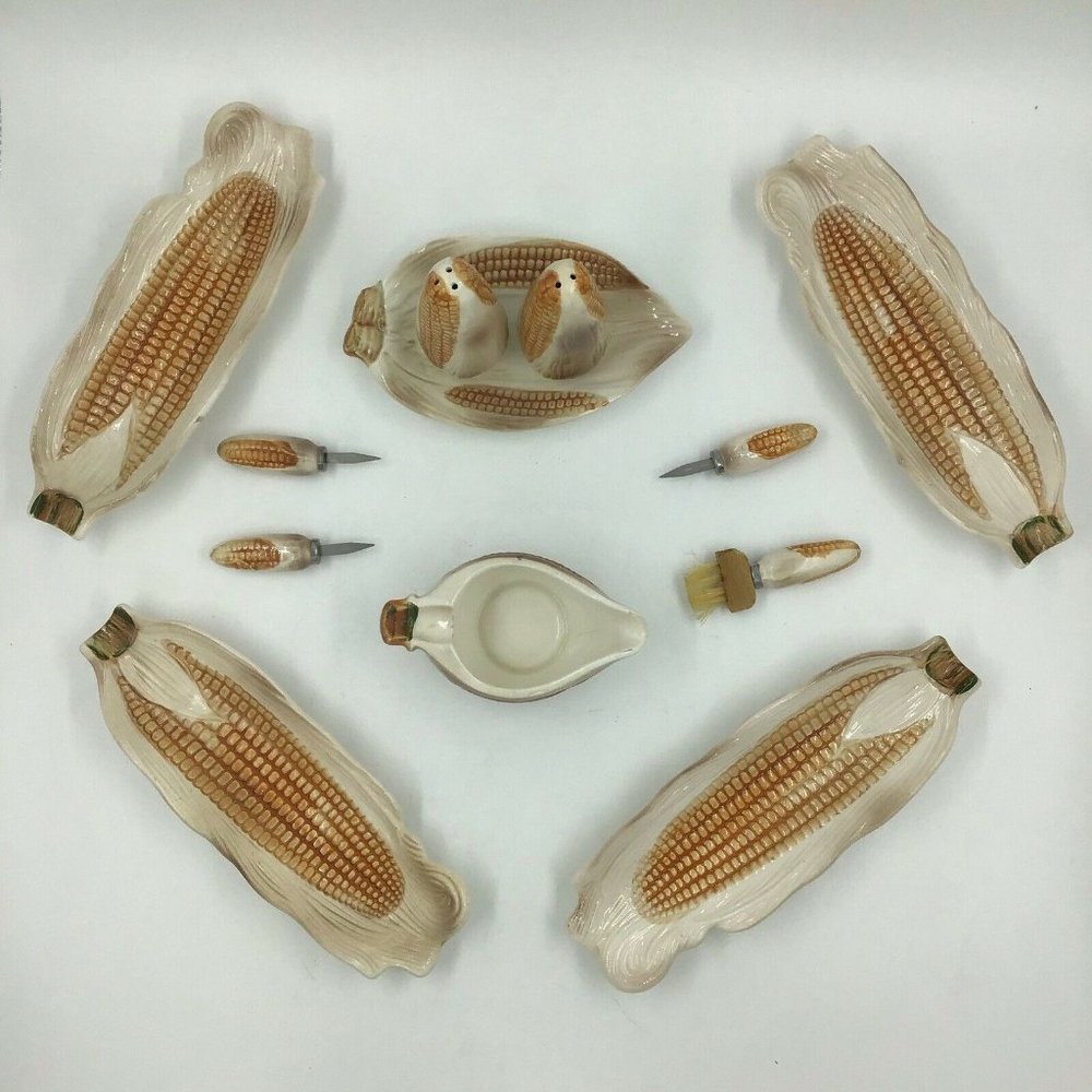 Vintage Ceramic Corn On The Cob Serving Set Plates Shaker Butter Dish **Read**